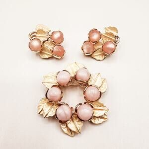 Vintage Pink Moonglow Brooch Earring Set Pearlescent Cream Enamel Leaves 1950s